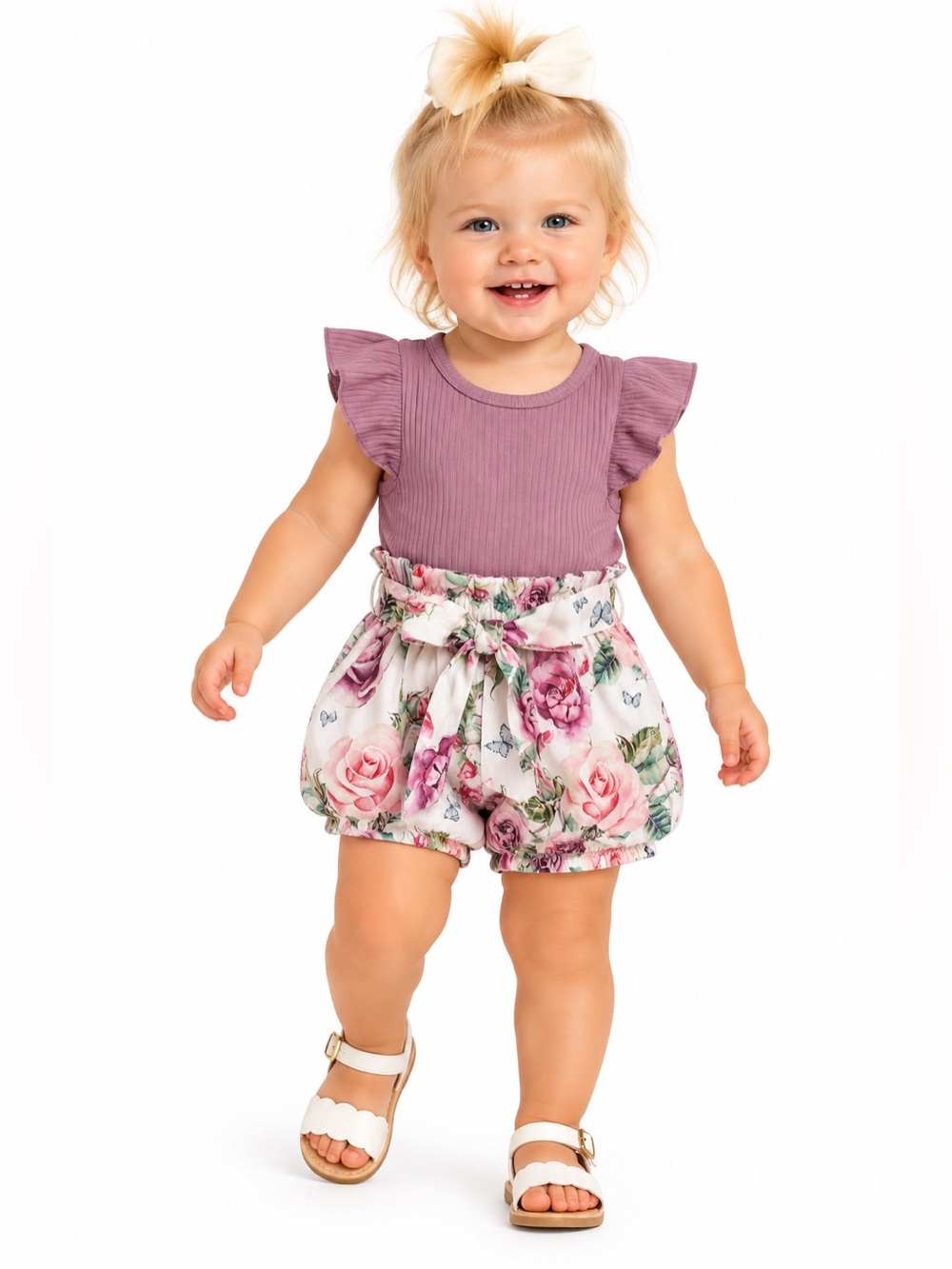 Baby Girl Mauve Ribbed Bodysuit Floral Shorts Set | NWOT Size 18-24M